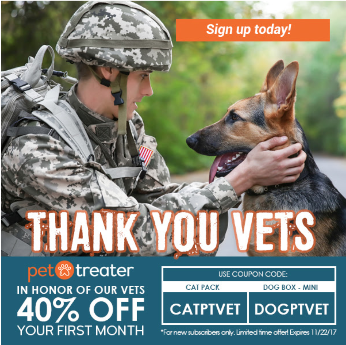 Pet Treater Veterans Day Coupon – 40% Off Your First Box!