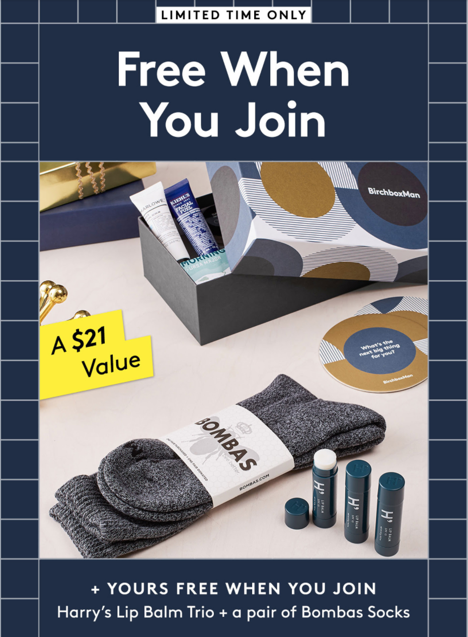 Birchbox Man Coupon – FREE Harry’s Lip Balm Trio and Bombas Socks With Subscription