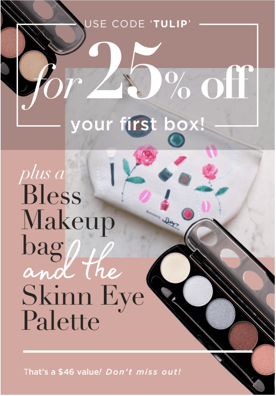 Bless Box Coupon – Free Makeup Bag + Skinn Eye Palette + 25% Off Your First Box!