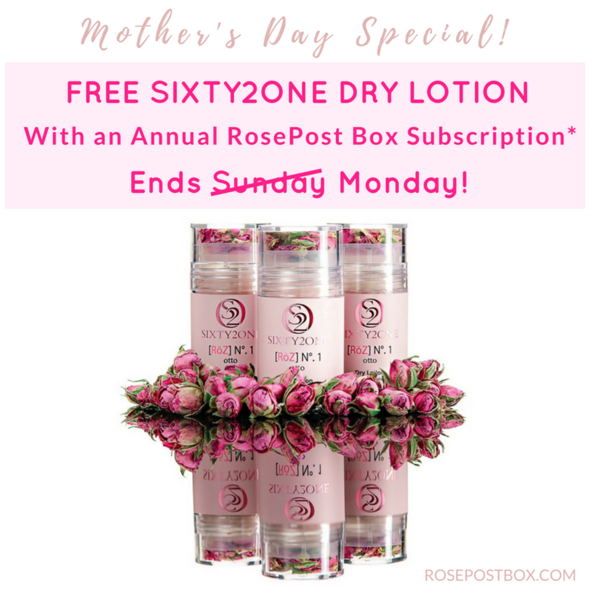 Today Only! RosePost Box Deal – FREE Sixty2One Dry Lotion with Annual Subscription!