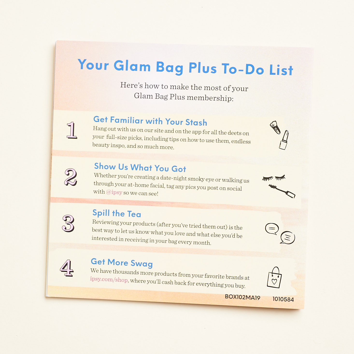 Ipsy Glam Bag Plus May 2019 beauty box review back of booklet