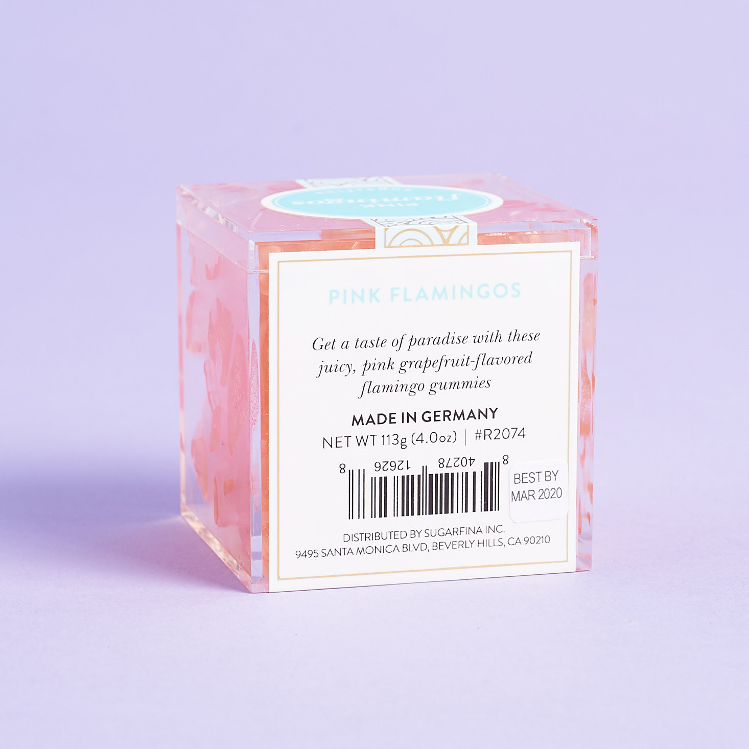 bottom of Sugarfina Pink Flamingo Grapefruit Gummies