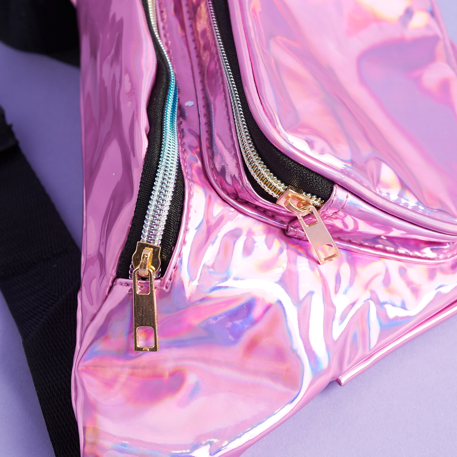 detail of Holographic Pink Fanny Pack