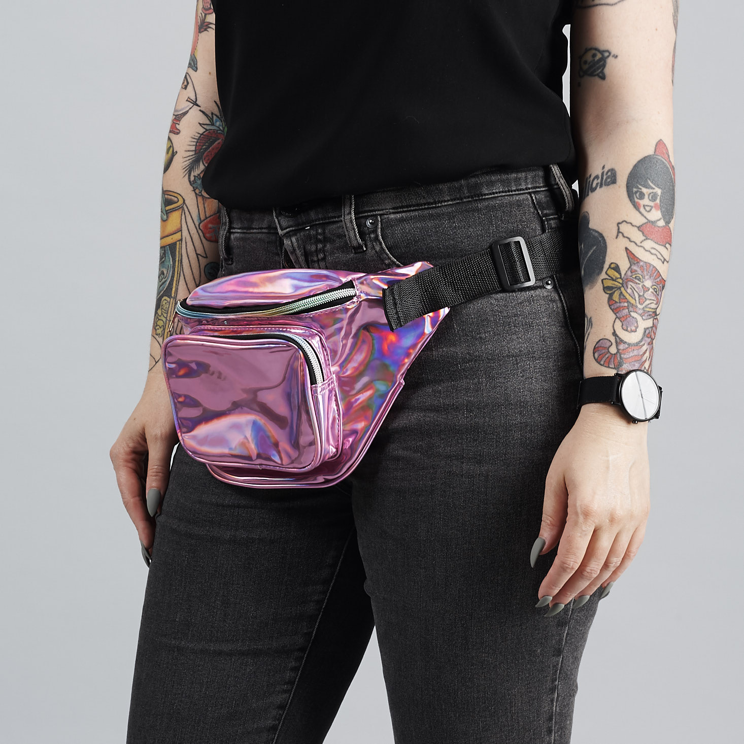 Holographic Pink Fanny Pack on waist