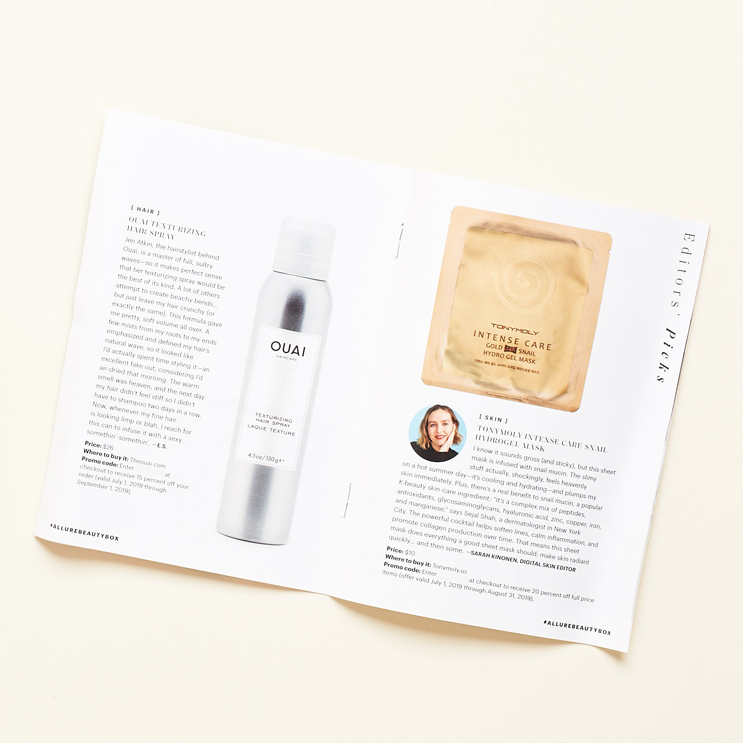 allure booklet pages featuring tonymoly sheet mask