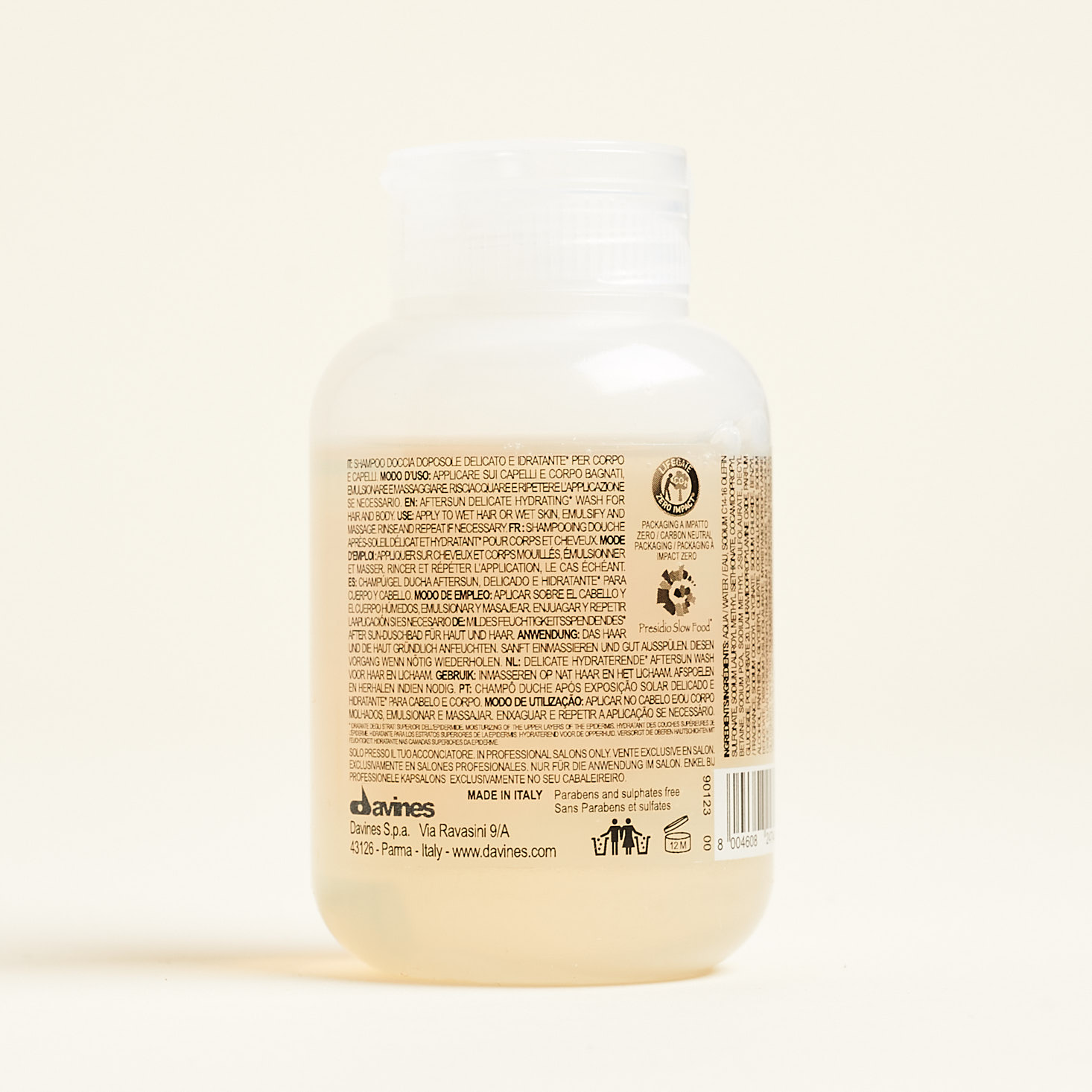 back of the davines shampoo sample with ingredient info