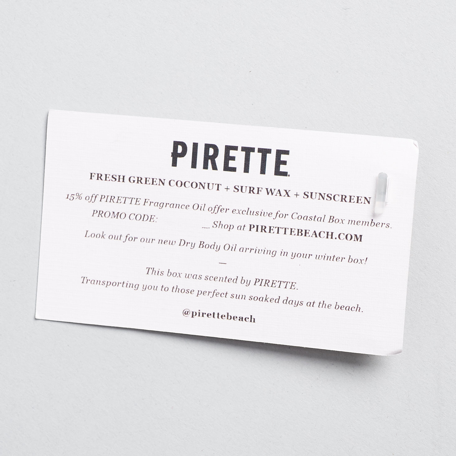 back of card for Pirette Fragrance Oil Sample