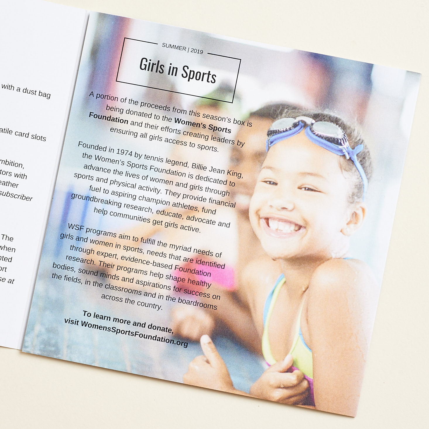 booklet page devoted to the girls in sports charity