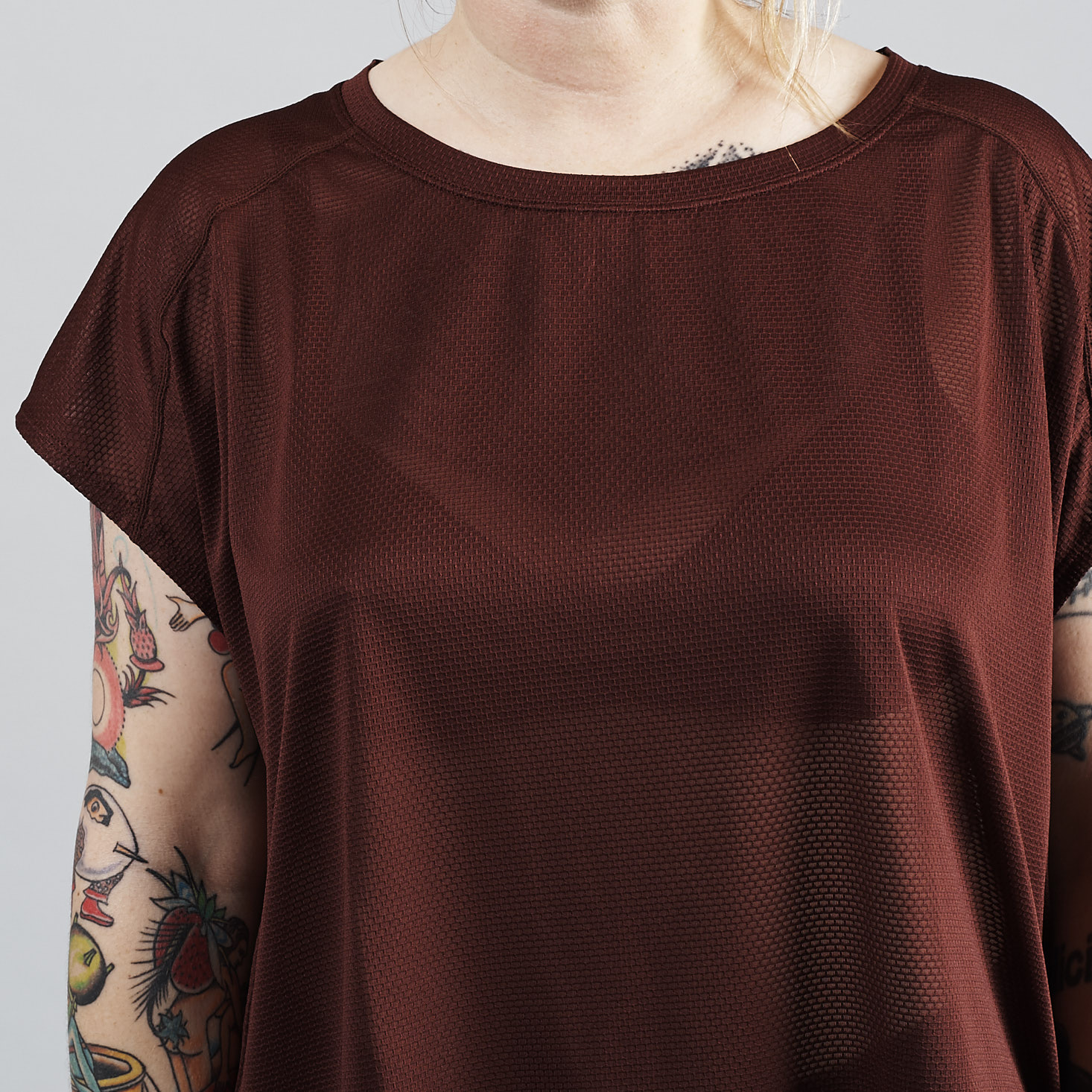 detail of MPG Boxy Sheer Cropped Mesh Tee