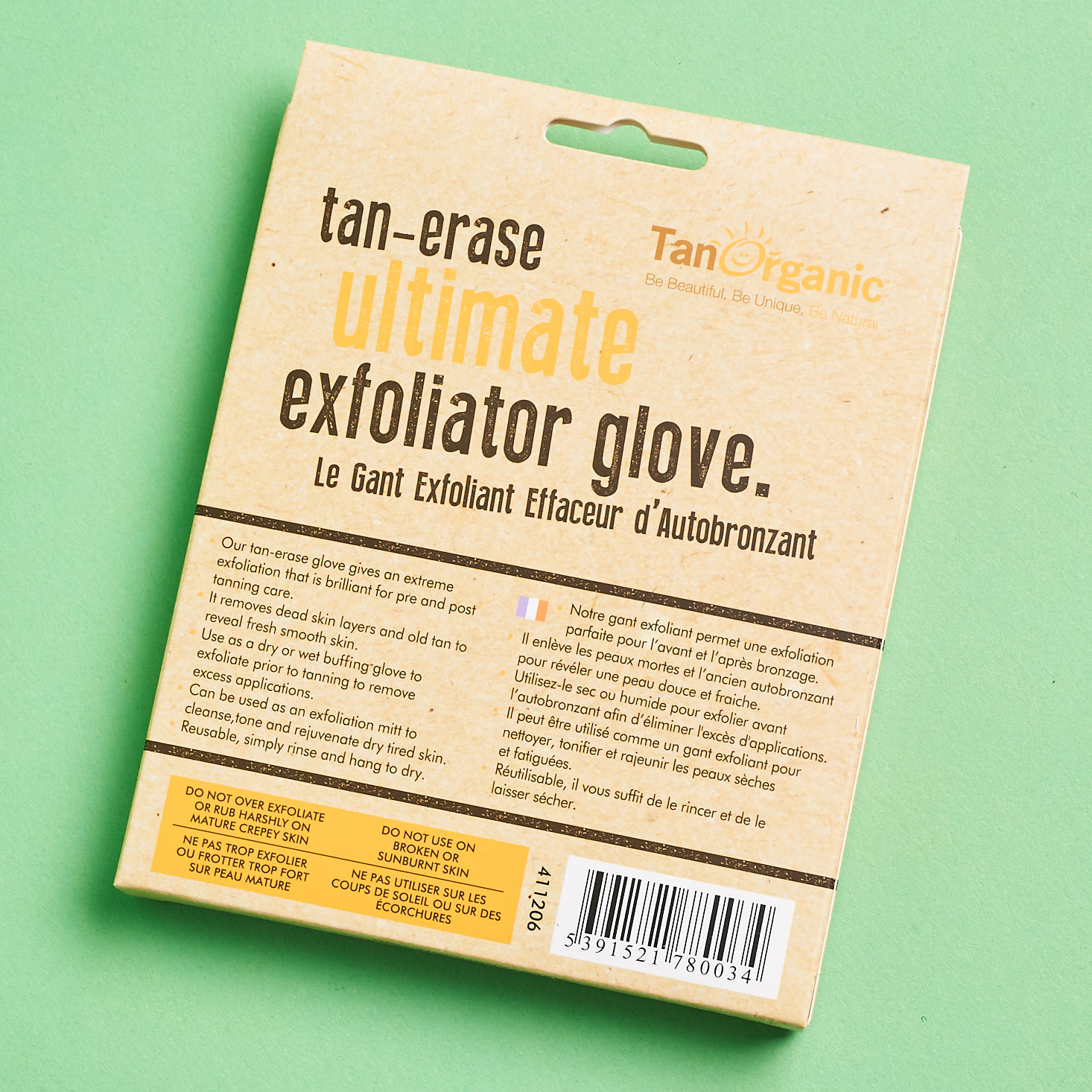 back of TanOrganic tan-erase ultimate exfoliator glove box