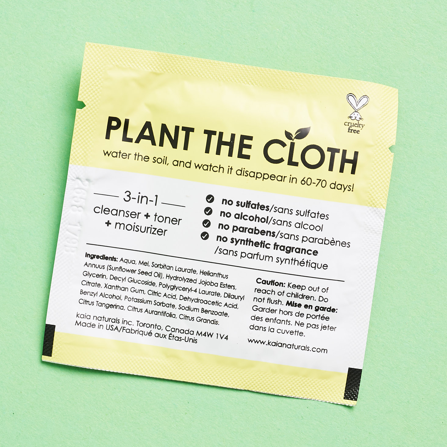 back of Kaia Naturals Juicy Bamboo cleansing cloth sample