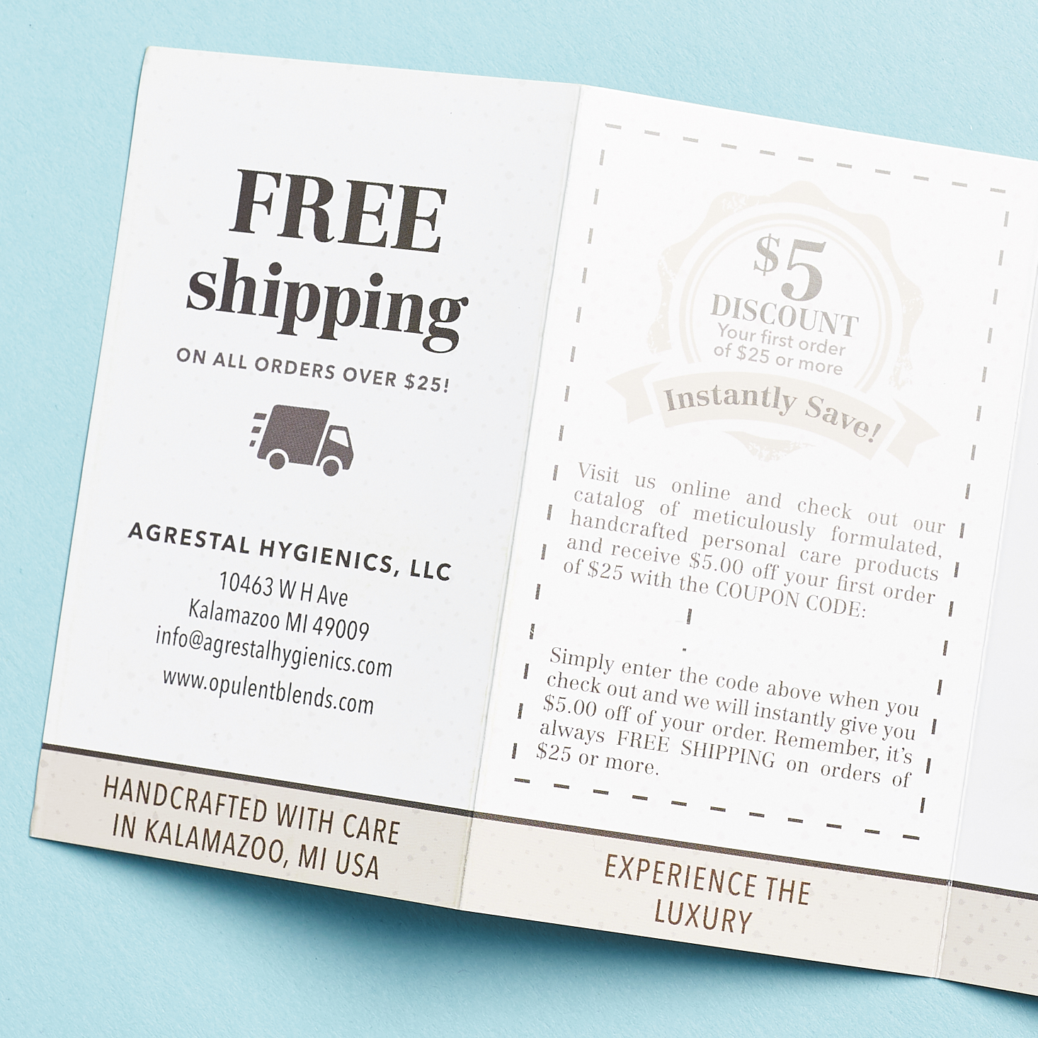 opulent products brochure coupon for free shipping and $5 off of $25