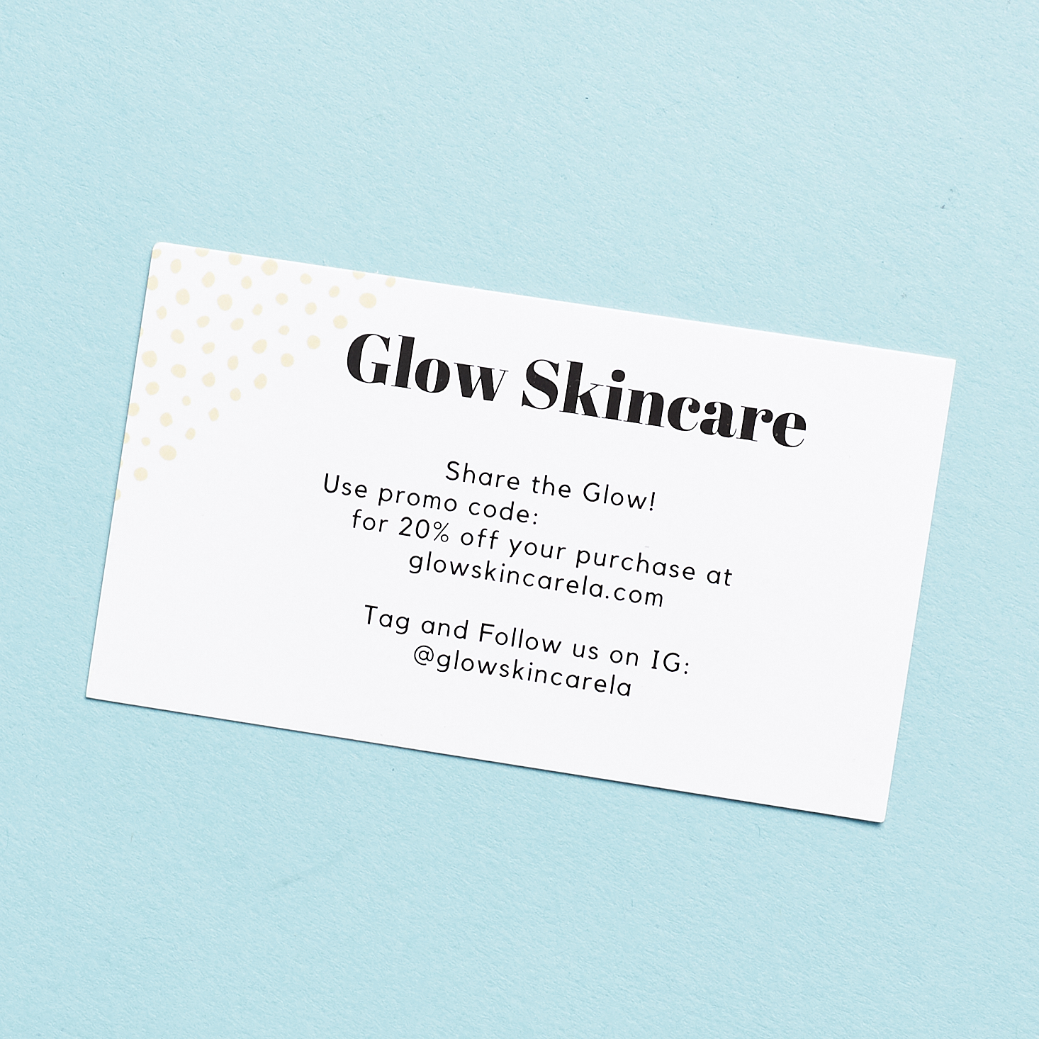 glow skincare card with contact info