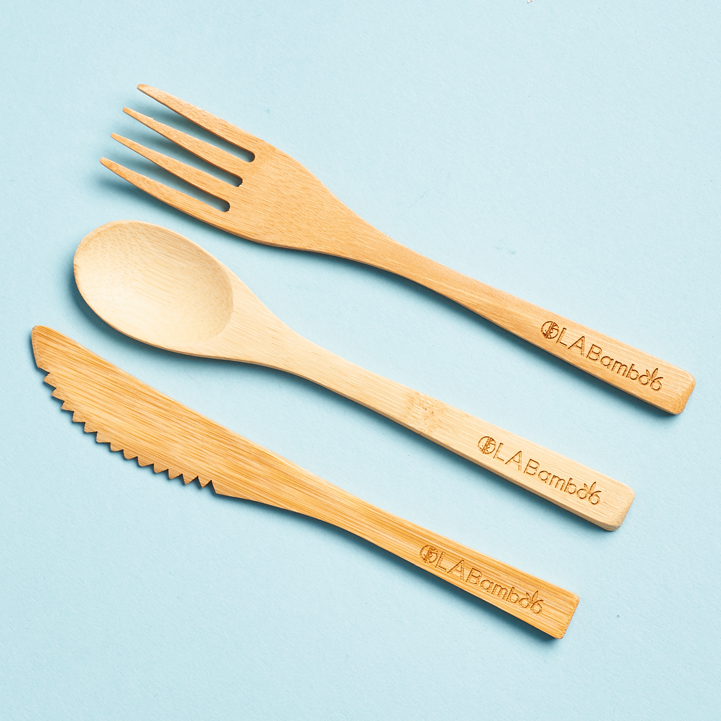 bamboo knife, spoon, and fork