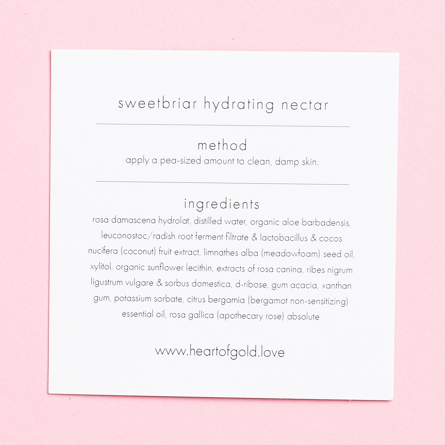back of Heart of Gold Sweetbriar Hydrating Nectar info card