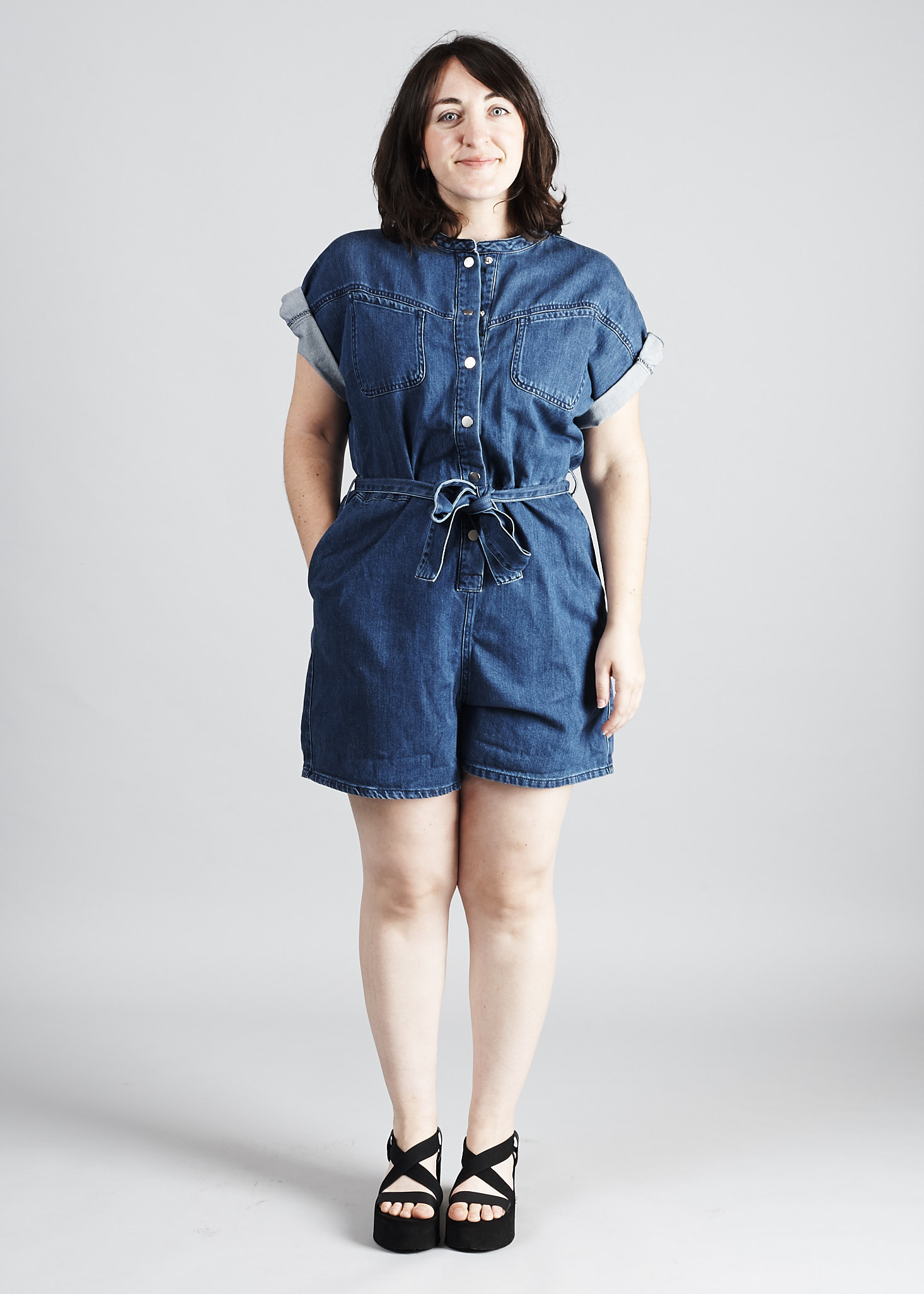 me wearing my true blue denim romper, which has a looser, comfy fit