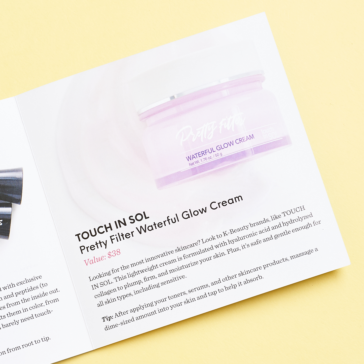 info booklet pages featuring glow cream