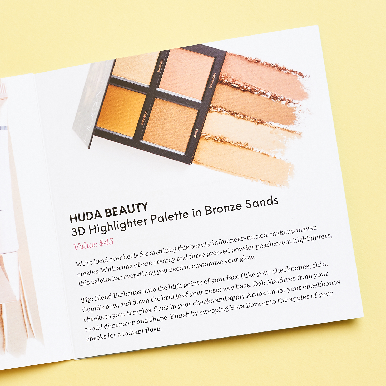 info booklet pages featuring huda beauty palette