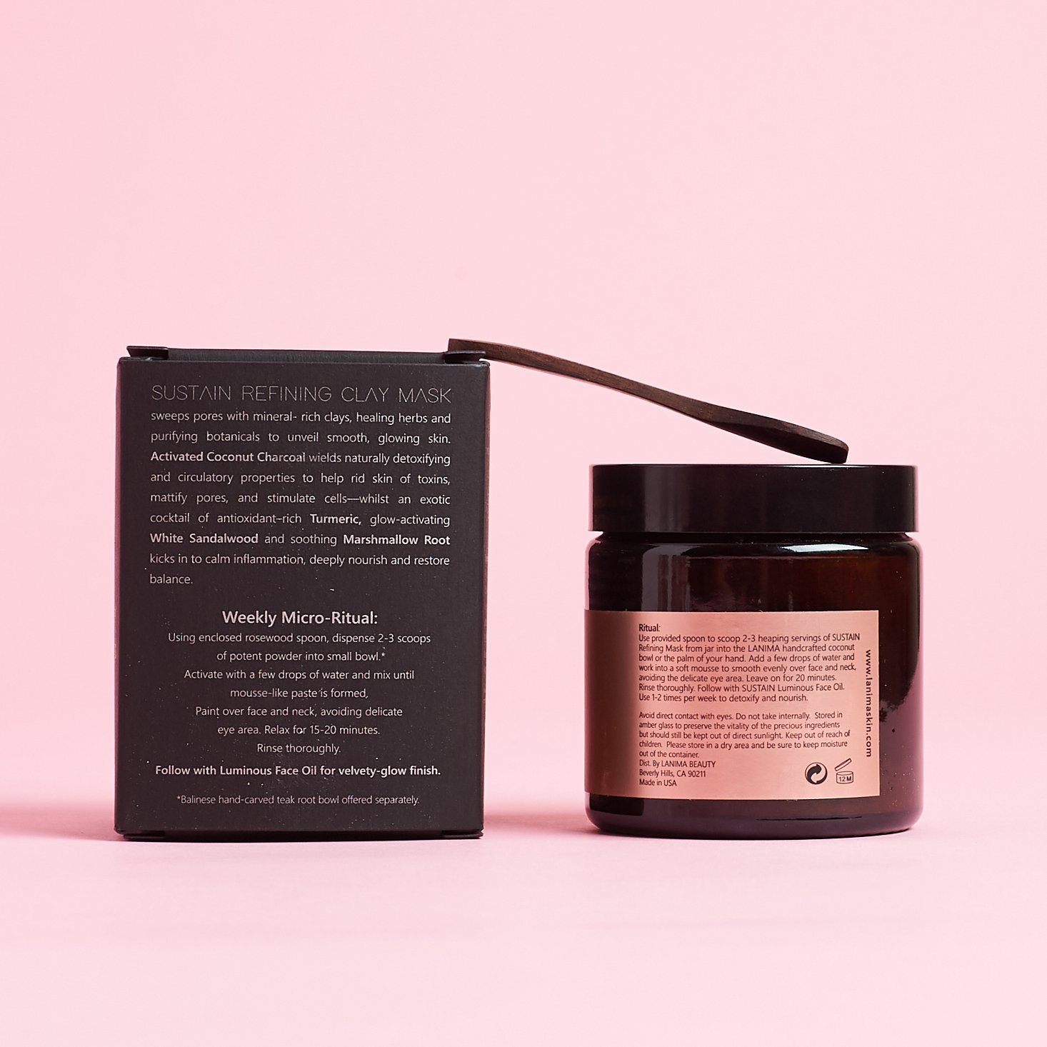 back of Lanima Skin Sustain Refining Clay Mask with box and spoon on top