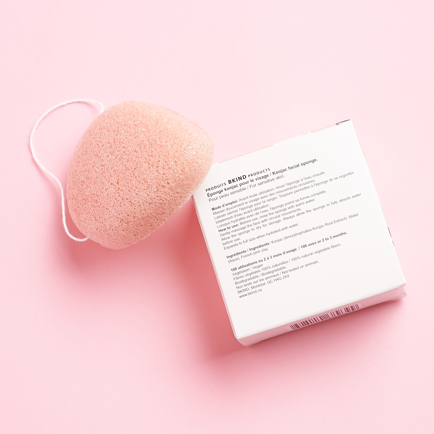 back of BKind Pink Clay Konjac Facial Sponge with box