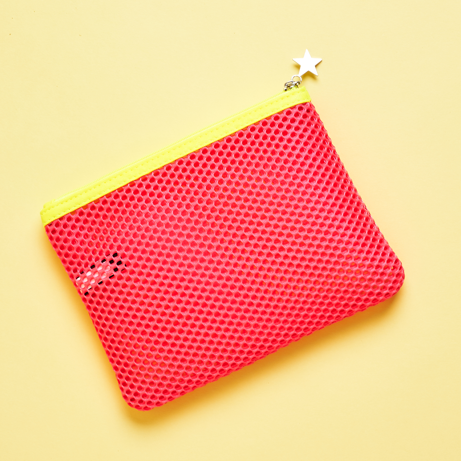 hot coral net bag with yellow zipper