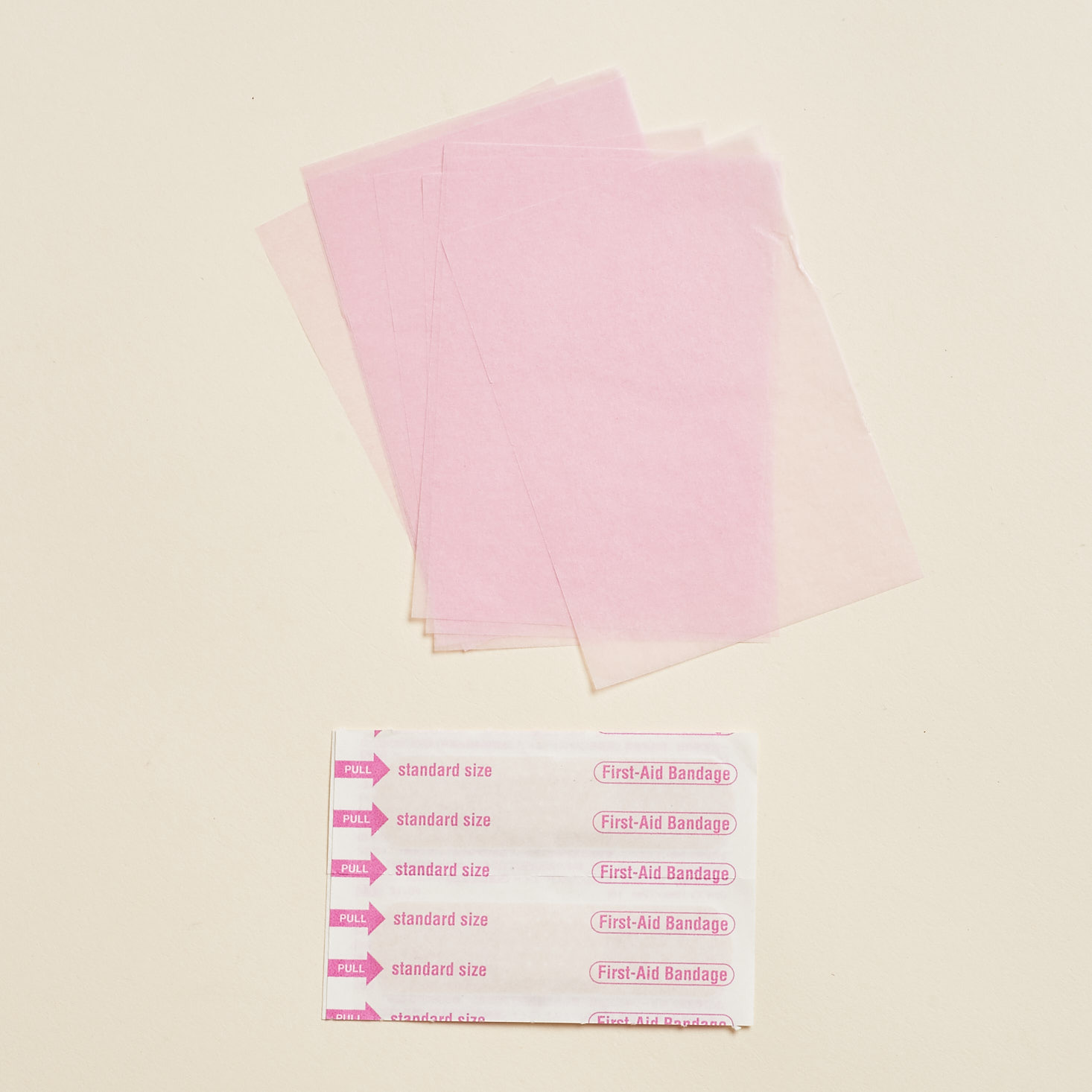 a shot of all the blotting papers and bandages