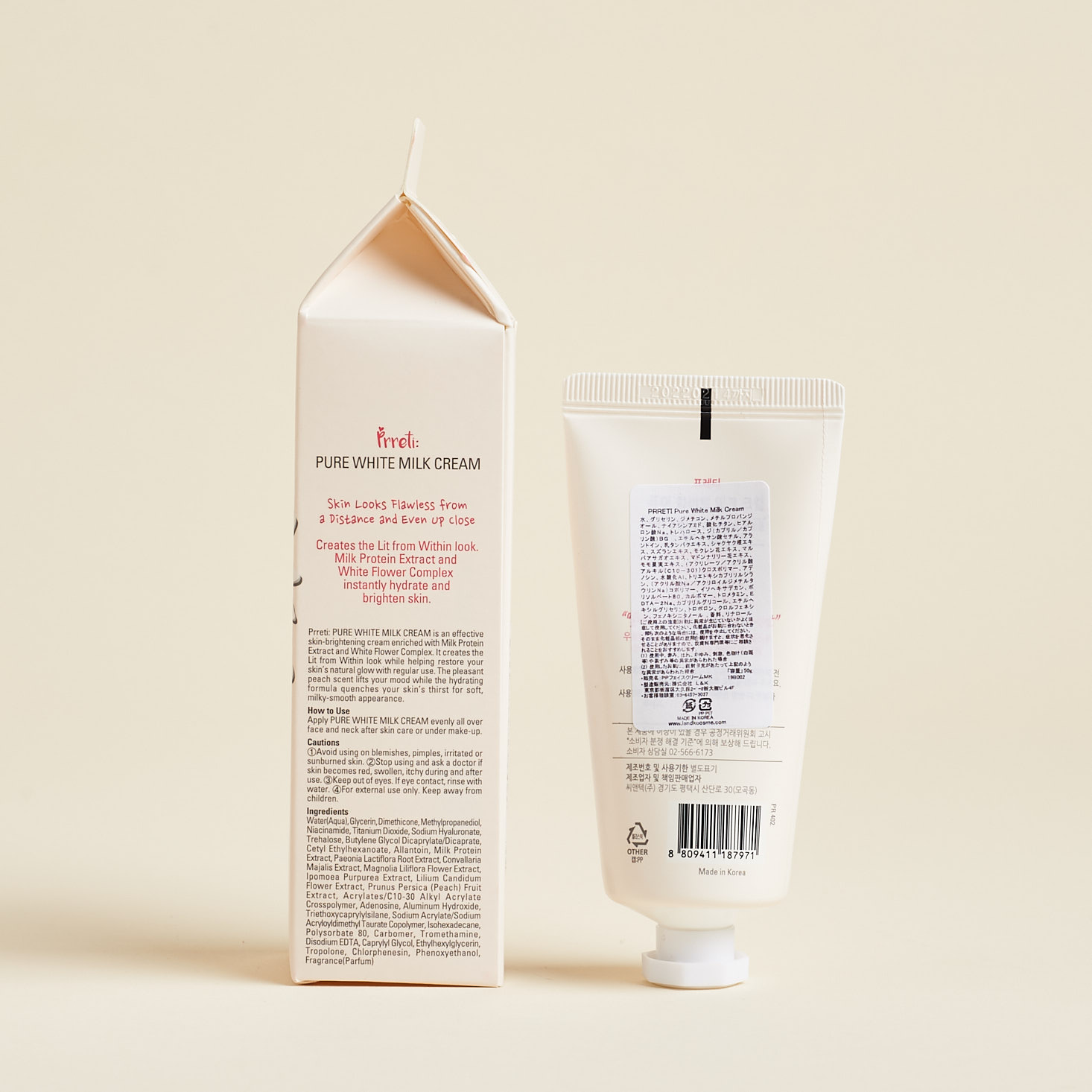 back of milk cream tube and box with info