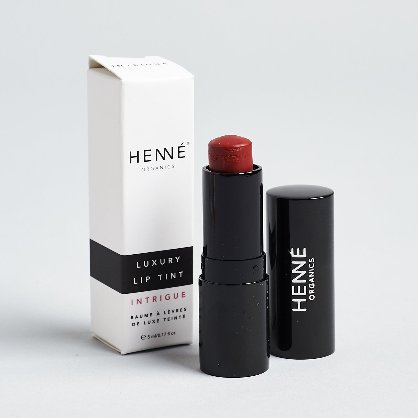 Henne Organics Luxury Lip Tint in "Intrigue" with box and lid off