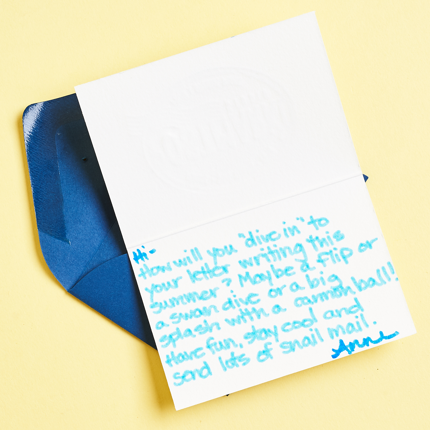 note from Anne in blue ink