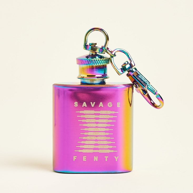savage fenty keychain sized flask with holographic pink, yellow, and blue finish