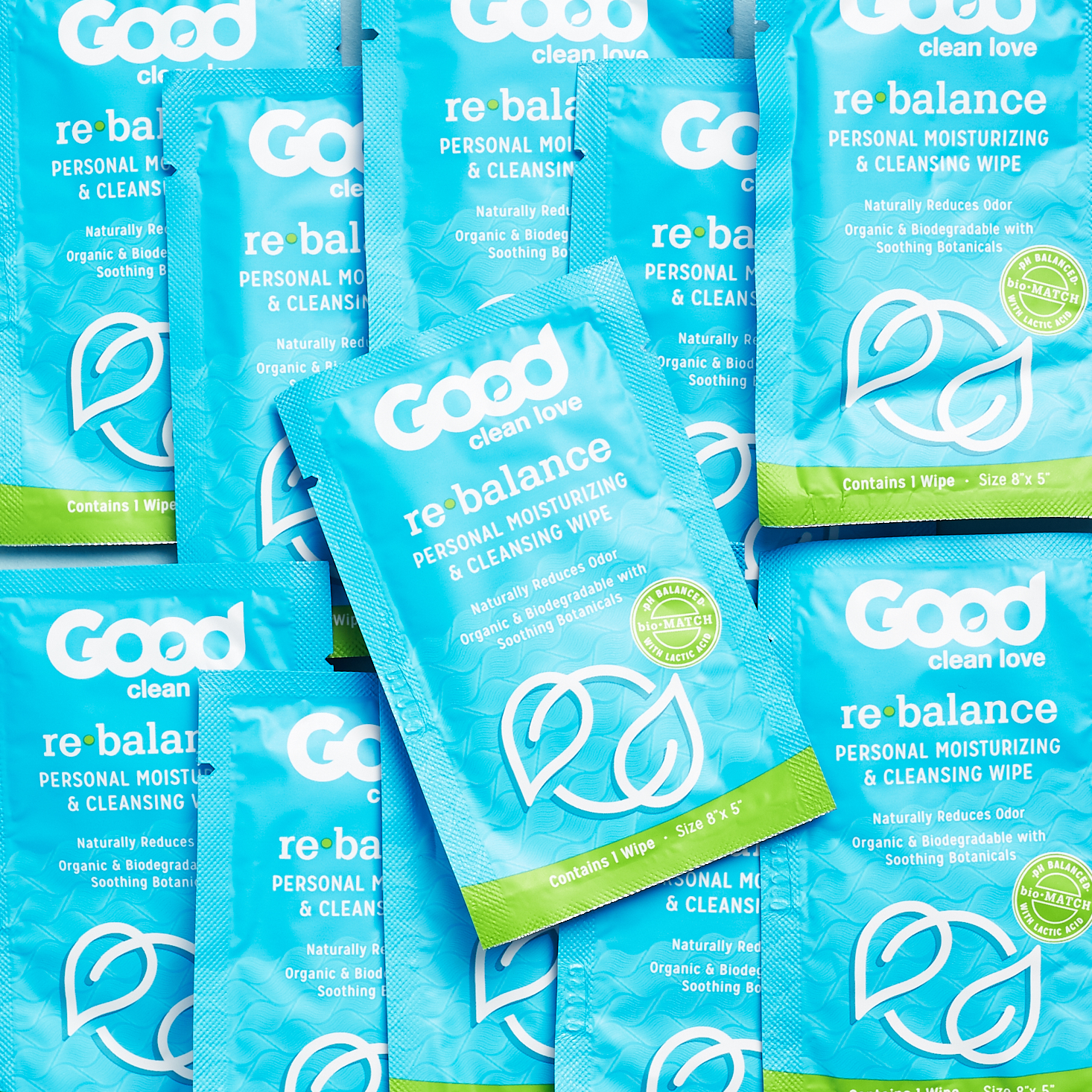 Pile of 11 Good Clean Love re-balance cleansing wipes