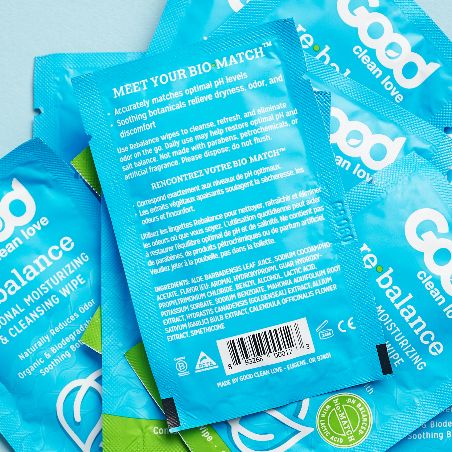 back of Good Clean Love re-balance cleansing wipe with description and ingredients