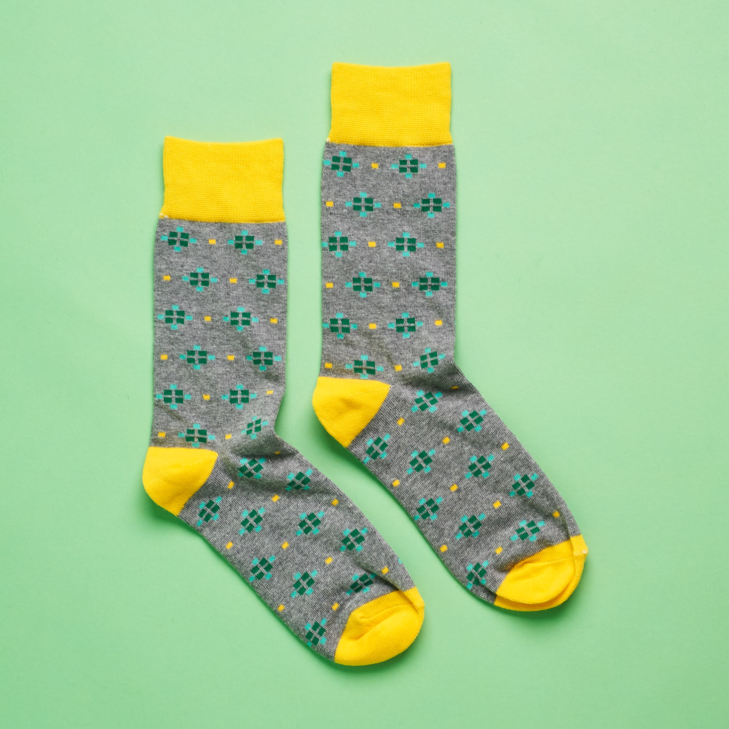 Society Socks gray socks with green and yellow details from the reverse side