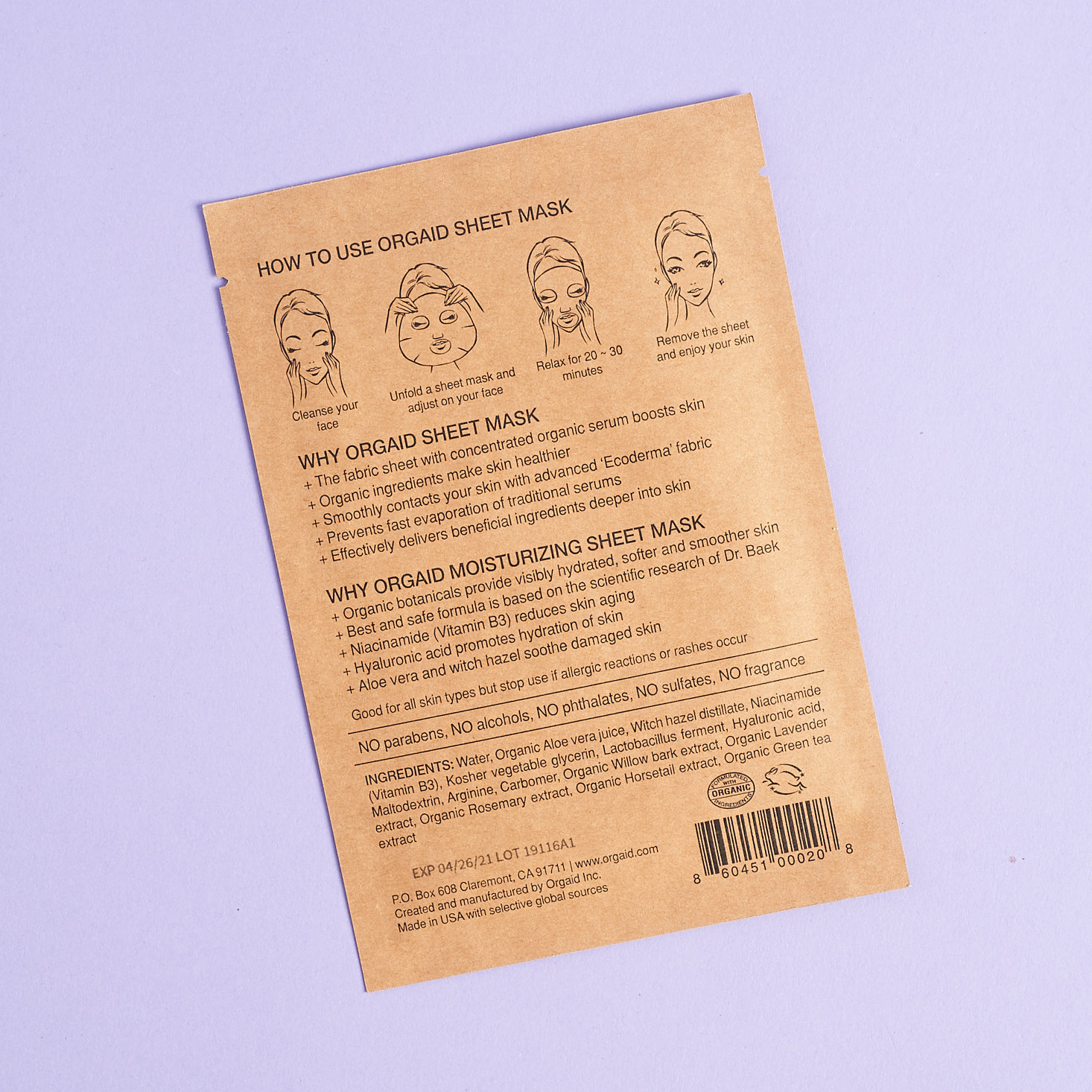 back of Orgaid Anti-Aging Moisturizing Organic Sheet Mask with directions and ingredients