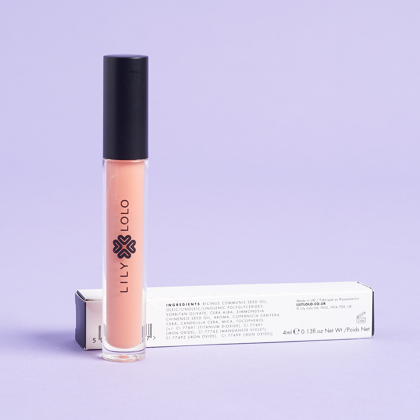 Lily Lolo Natural Lip Gloss in Clear with ingredients on box