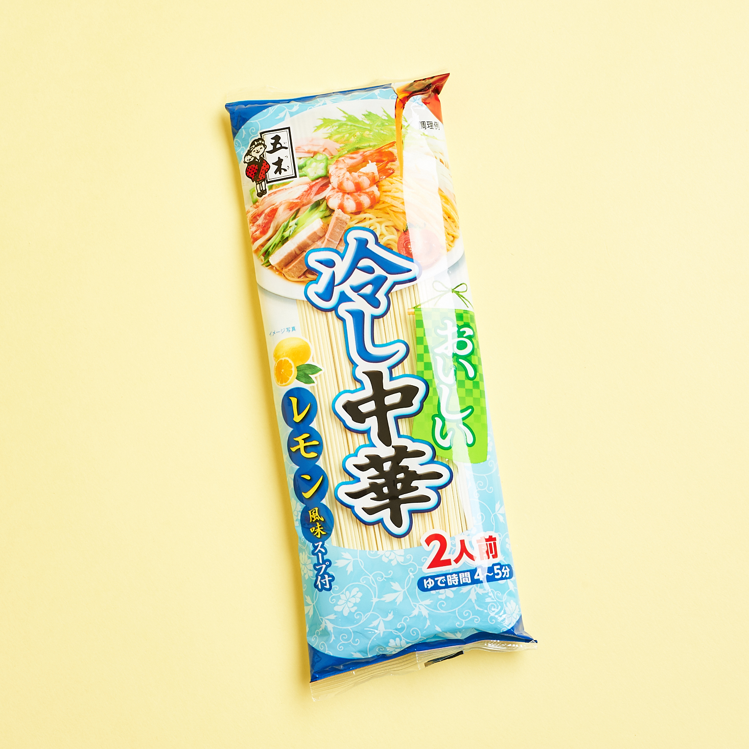 cold lemon chinese noodles pictured from above, showing the bright blue packaging