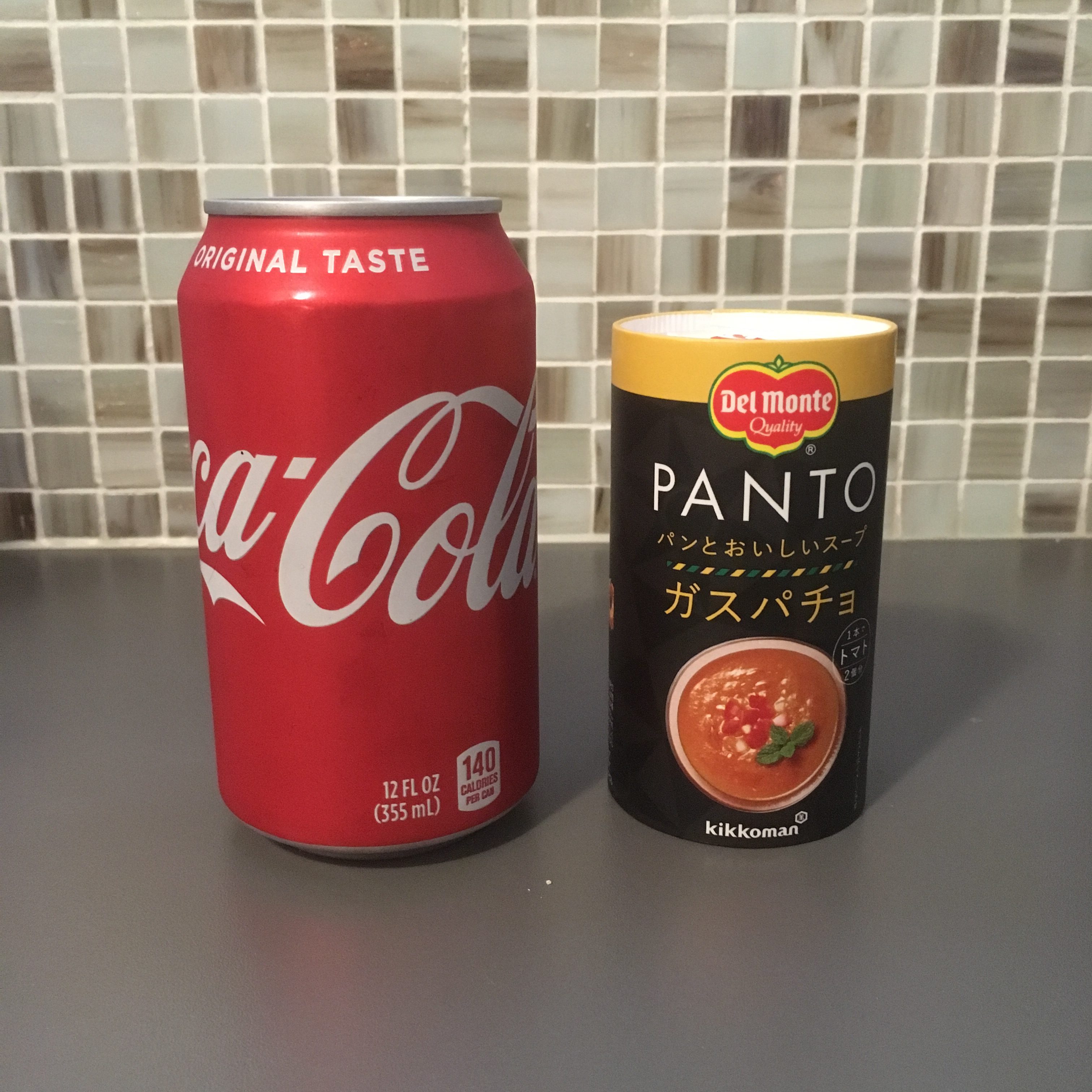 panto gazpacho pictured next to a can of coke to show scale