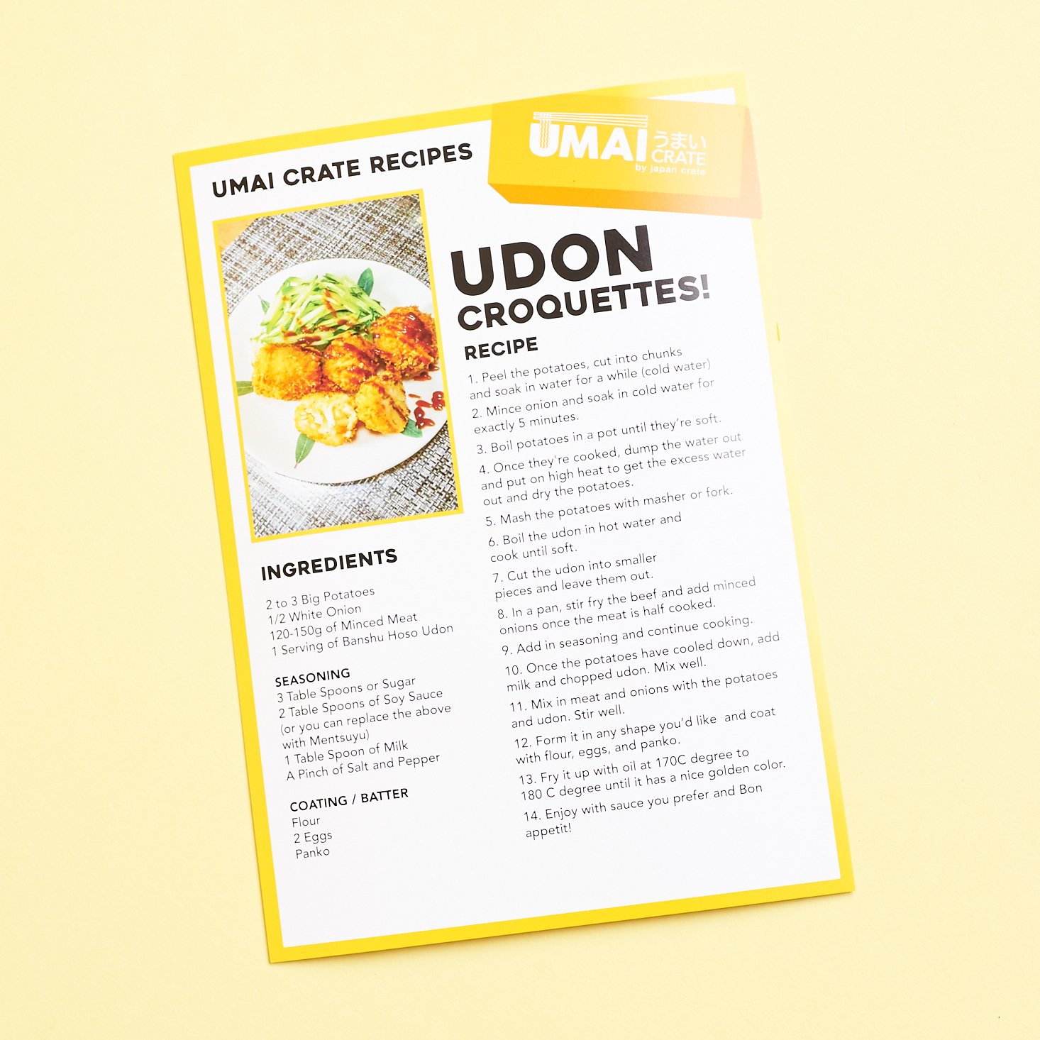 udon croquettes recipe card with the dish depicted in the top left corner