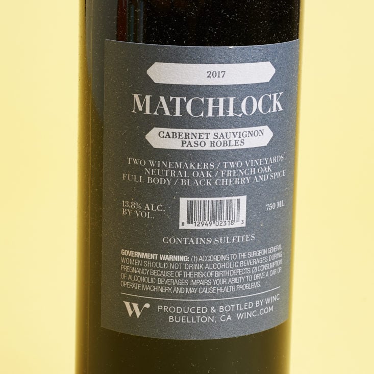 the back label of the matchlock cabernet sauvignon