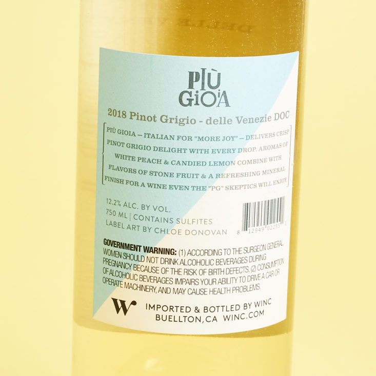 back blue-and-white geometric label of the x2018 piu gioia pinot grigio