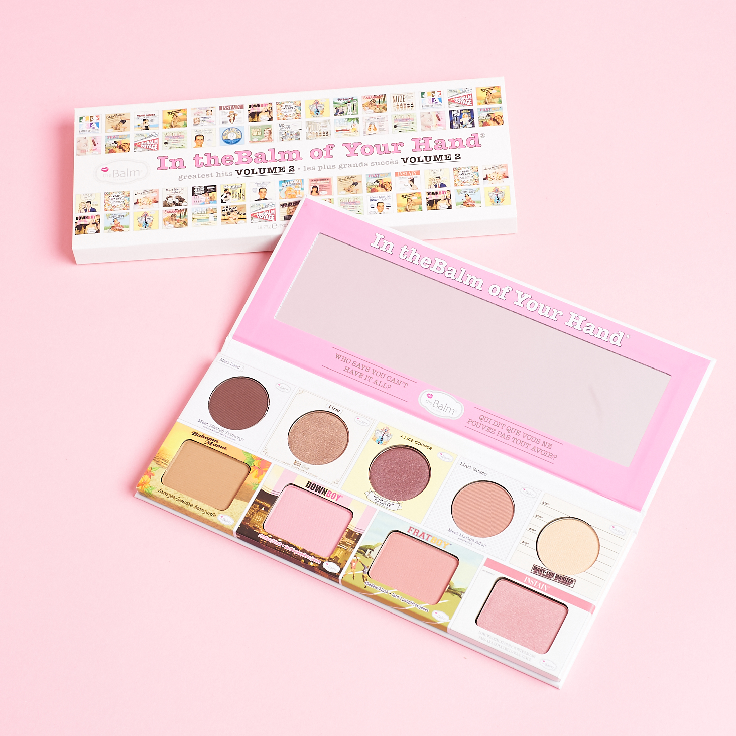 balm eyeshadow and blush palette open with large mirror