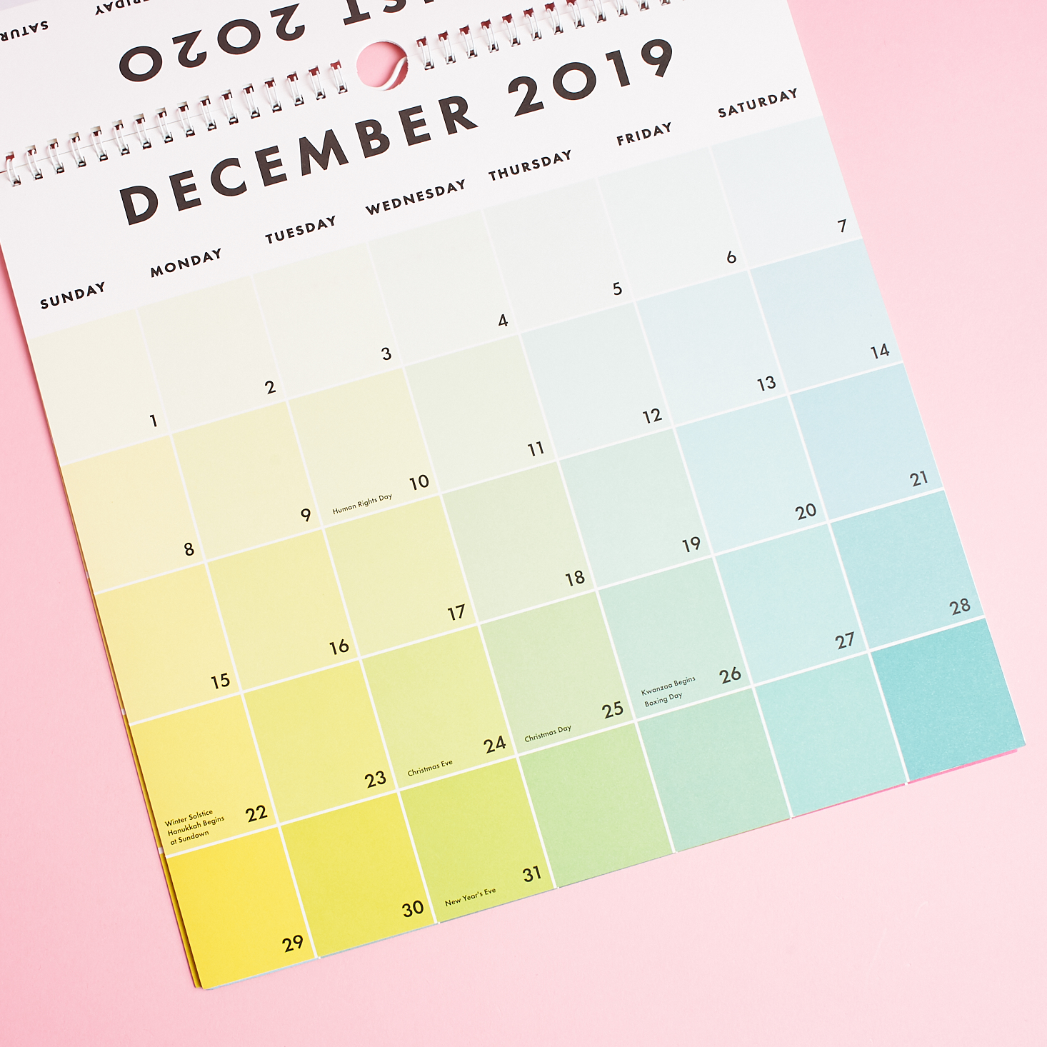 Close up of December month of Paper Source 2020 Paint Chip Calendar