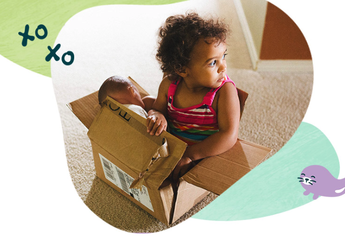cute baby sitting in an amazon box, plus cheerful, colorful graphics