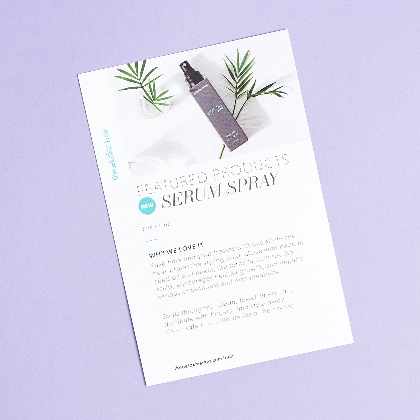 Front of info card featuring Serum Spray