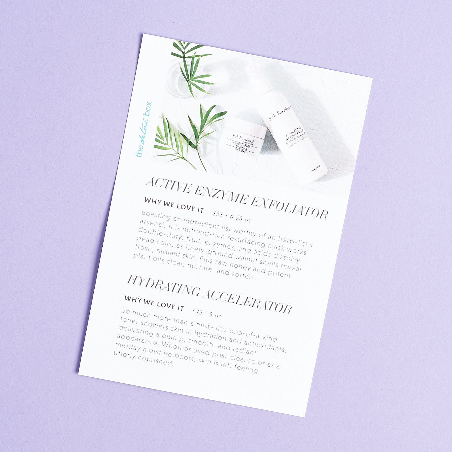 Back of info card featuring Enzyme exfoliator and hydrating accelerator