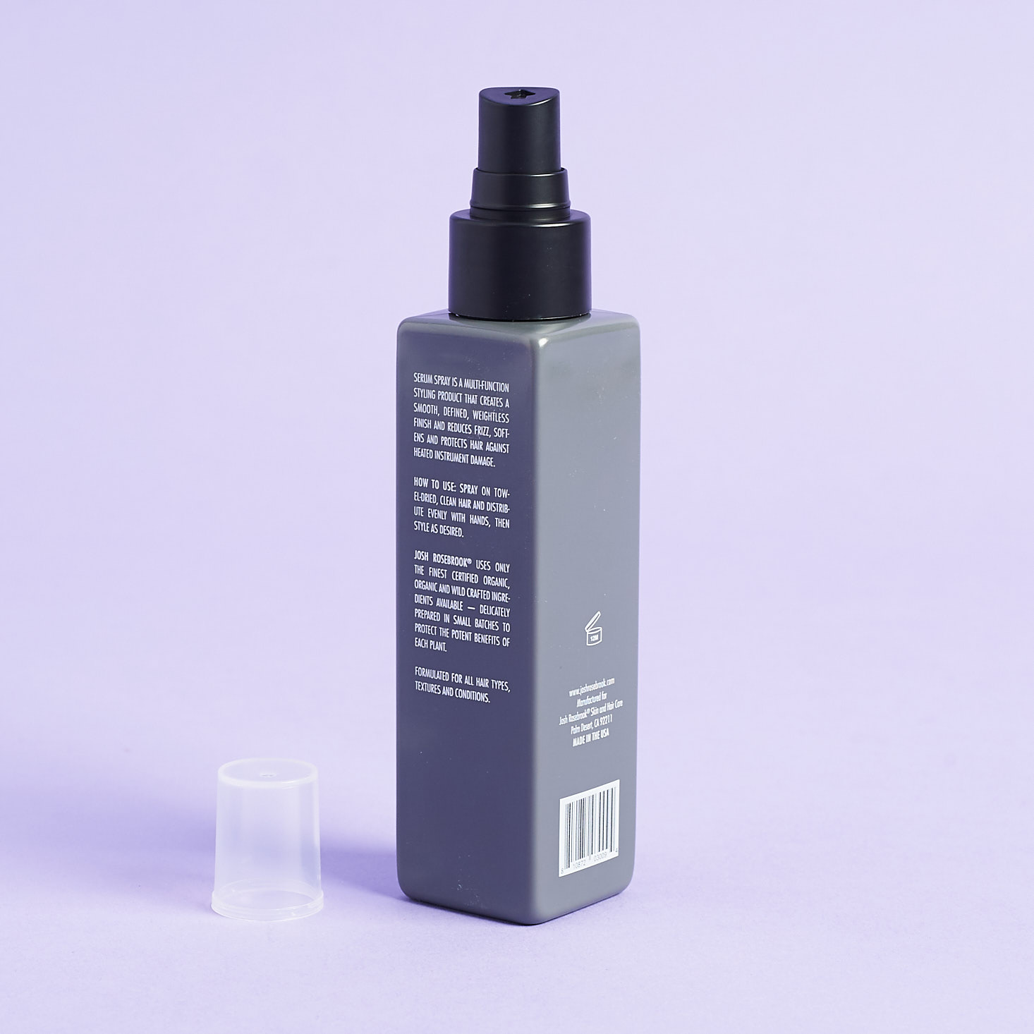 back of Josh Rosebrook Serum Spray with cap off