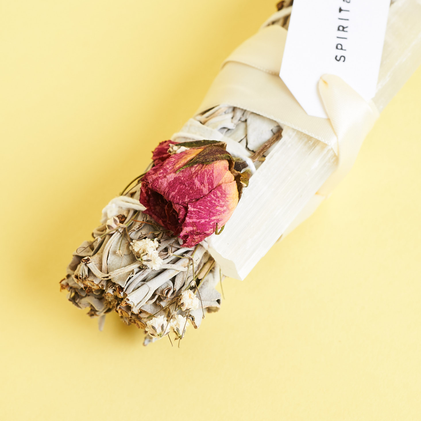 Close up of Sage and selenite smudge bundle