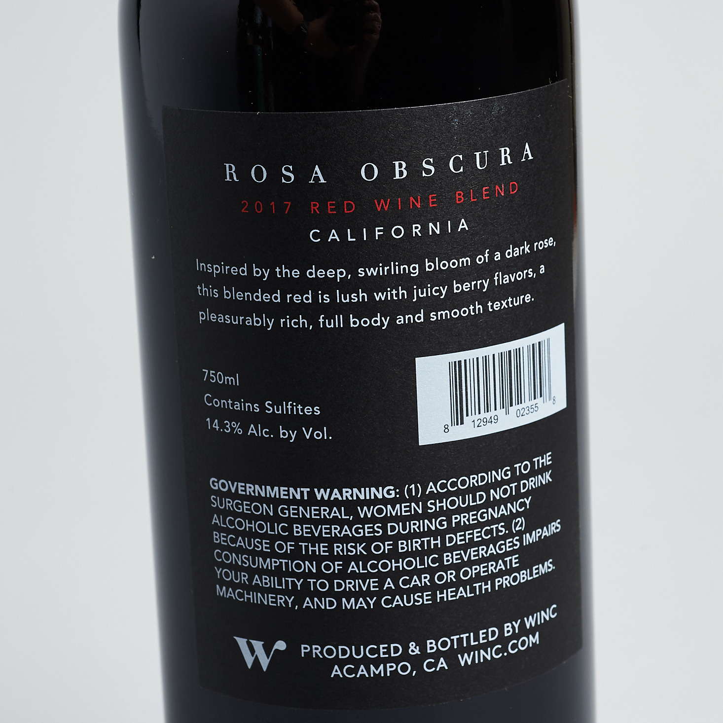 rosa obscura red blend backside bottle label