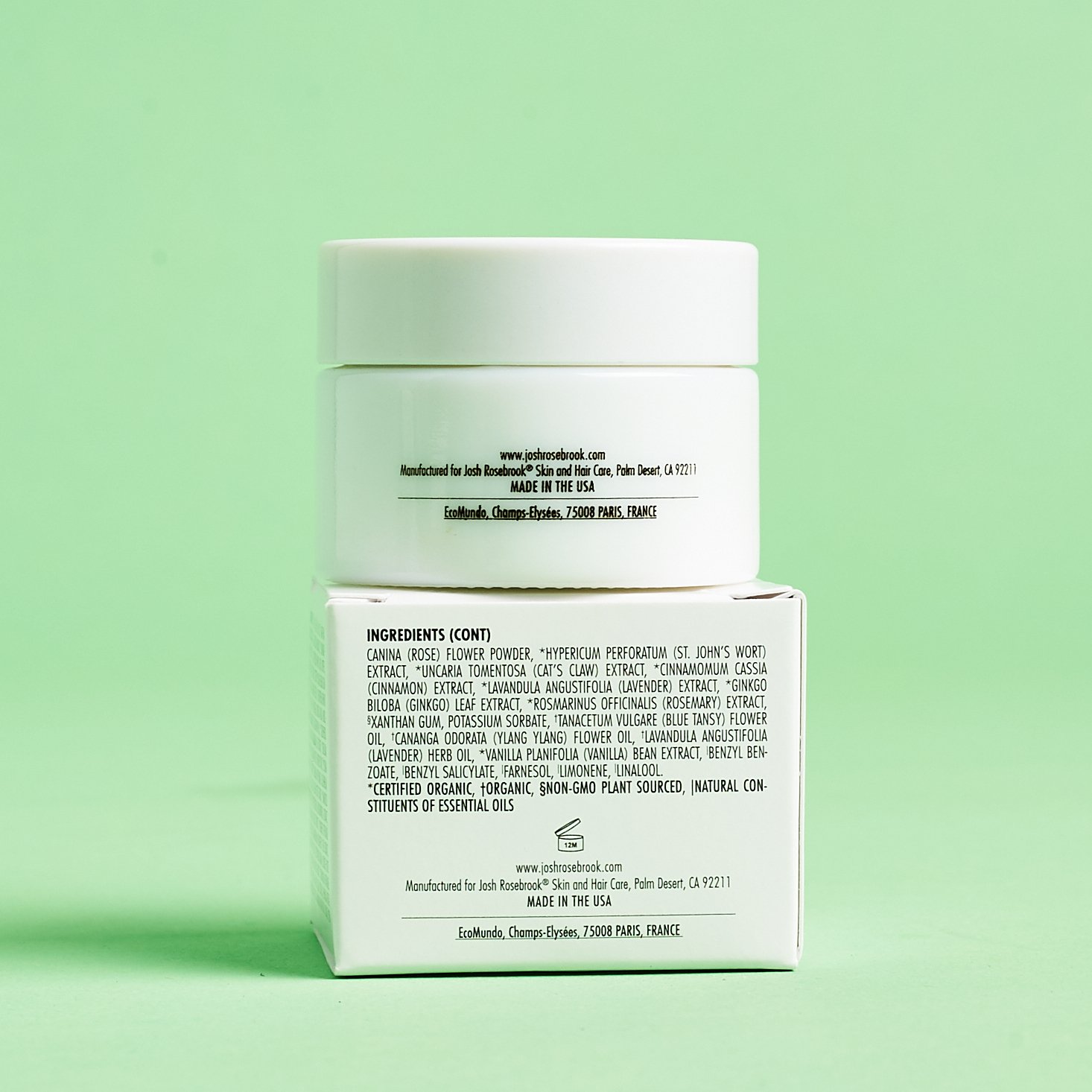 back of Josh Rosebrook Vital Balm Cream sitting on top of box