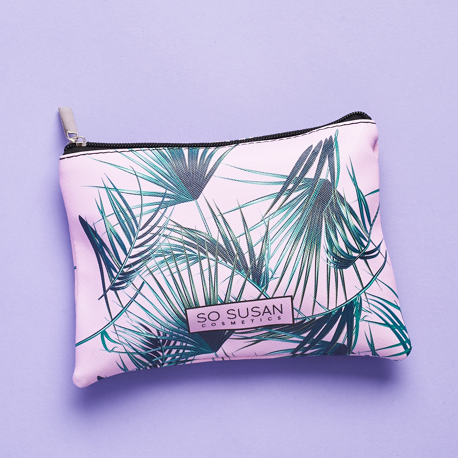 pink and palm printed makeup bag